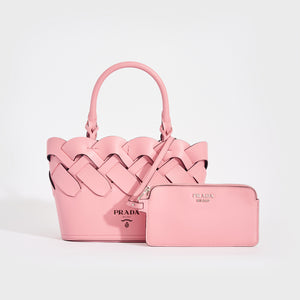 PRADA Small Woven Leather Tote in Pink