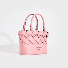 Load image into Gallery viewer, Side view of the PRADA Small Woven Leather Tote in Pink