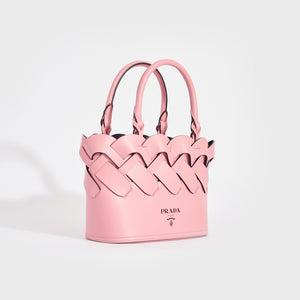 Side view of the PRADA Small Woven Leather Tote in Pink