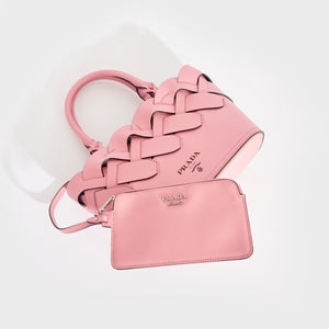 PRADA Small Woven Leather Tote in Pink