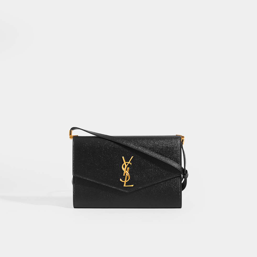 Front view of the SAINT LAURENT Uptown Mini Crossbody in Black Grained Leather