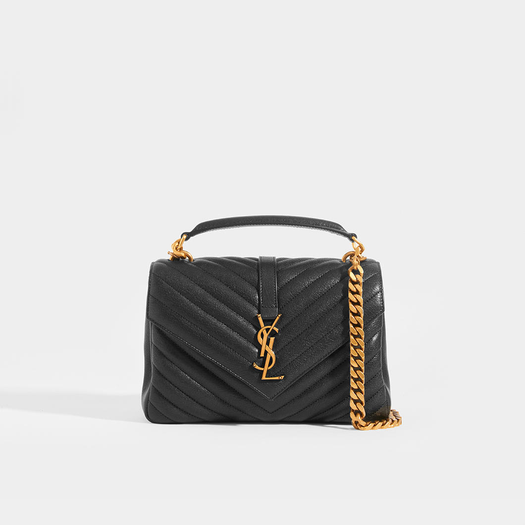 SAINT LAURENT College Monogramme Bag in Black Leather with Gold Hardware