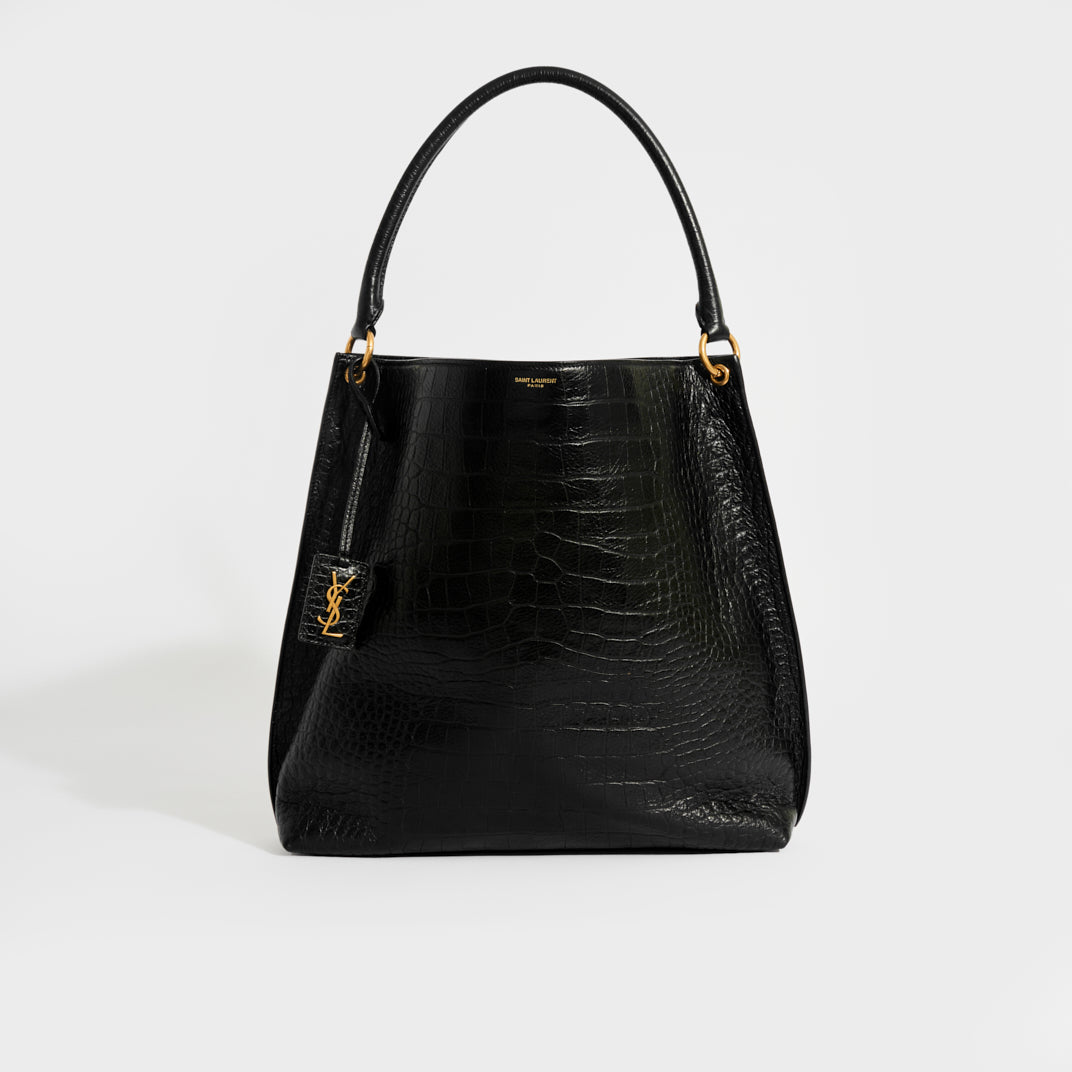 SAINT LAURENT Hobo Shoulder Bag Black Mock Croc COCOON