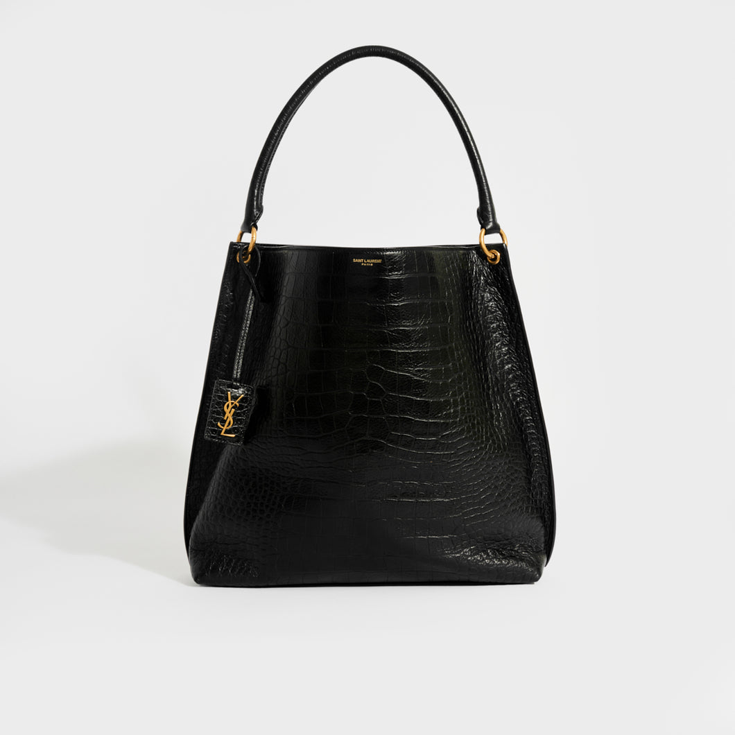 SAINT LAURENT Hobo Shoulder Bag in Black Mock Croc Leather