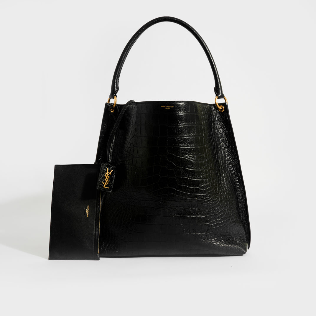 Black patent top mock croc handbag
