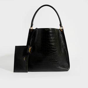 SAINT LAURENT Hobo Shoulder Bag in Black Mock Croc Leather