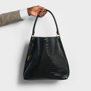 SAINT LAURENT Hobo Shoulder Bag in Black Mock Croc Leather