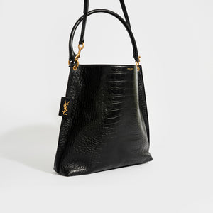 SAINT LAURENT Hobo Shoulder Bag in Black Mock Croc Leather