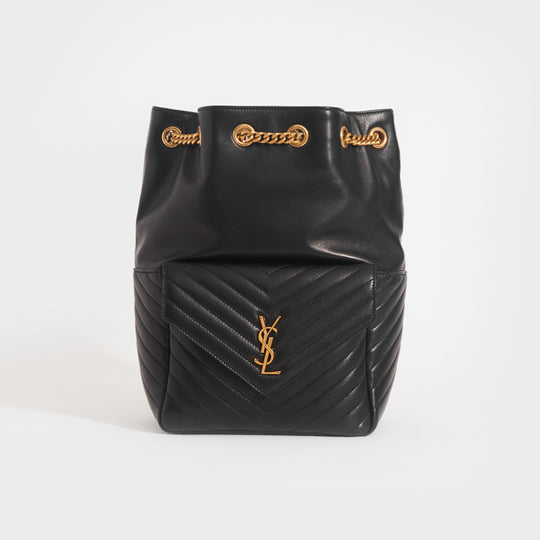 Front view of the SAINT LAURENT Joe Matelassé Leather Backpack in Black