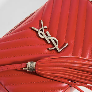 YSL Logo Metal Hardware Detail on the SAINT LAURENT Lou Camera Bag in Red Matelassé Leather