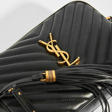 Load image into Gallery viewer, Gold Hardware &amp; Leather Tassel Detail on SAINT LAURENT Lou Camera Bag in Black Matelassé Leather 