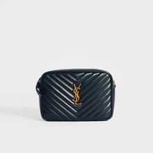 Load image into Gallery viewer, Front view of the SAINT LAURENT Lou Camera Bag in Navy Matelassé Leather