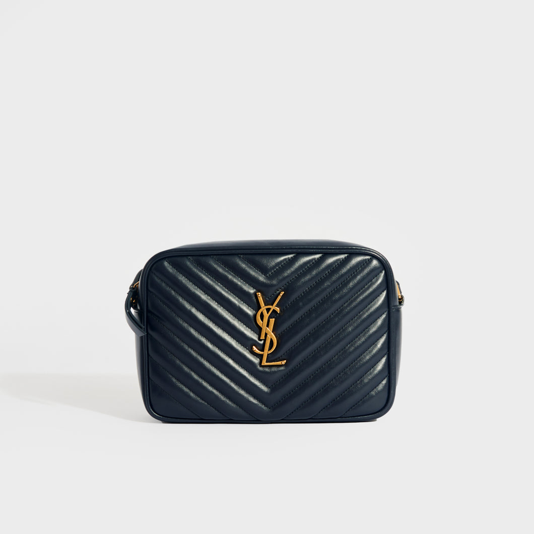 Front view of the SAINT LAURENT Lou Camera Bag in Navy Matelassé Leather