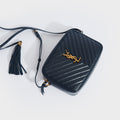 Lou Camera Bag in Navy Leather with Gold Hardware