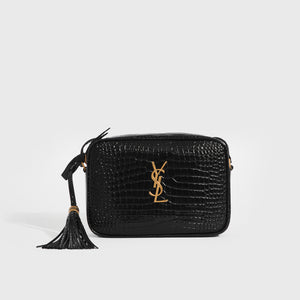 SAINT LAURENT Lou Croc-Embossed Camera Bag in Black Leather