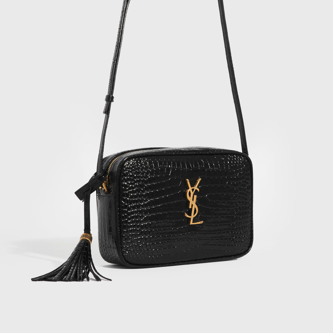 SAINT LAURENT Lou CrocEmbossed Camera Bag in Black Leather COCOON