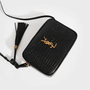 SAINT LAURENT Lou Croc Embossed Camera Bag in Black Leather COCOON