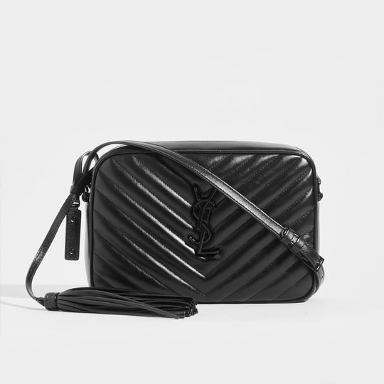 Lou Camera Bag in Black Matelassé Leather with Black Hardware