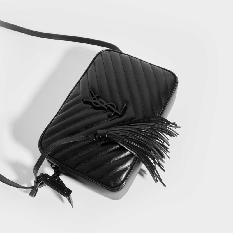 Lou Camera Bag in Black Matelassé Leather with Black Hardware