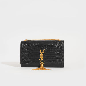 SAINT LAURENT Medium Kate Bag in Black Croc Embossed Leather