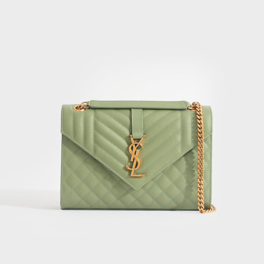 SAINT LAURENT Medium Quilted Envelope Shoulder Bag in Sage Green