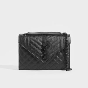 SAINT LAURENT Medium Quilted Textured-Leather Envelope Shoulder Bag in Black with Black Hardware