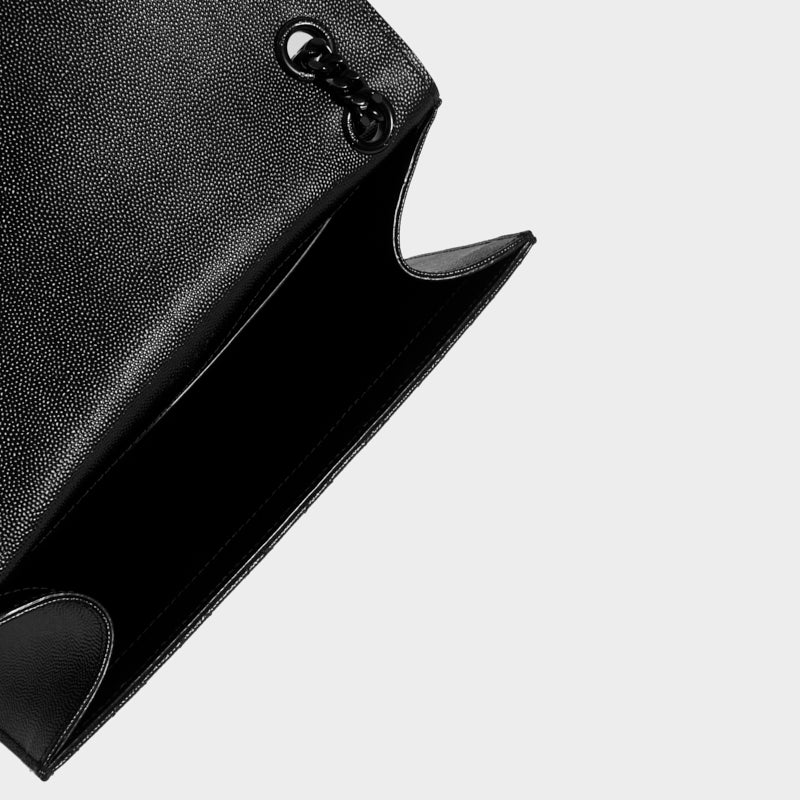 Medium Quilted Textured-Leather Envelope Shoulder Bag in Black with Black Hardware