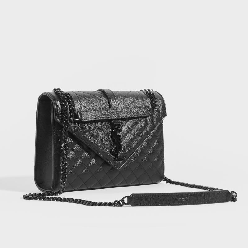 Medium Quilted Textured-Leather Envelope Shoulder Bag in Black with Black Hardware