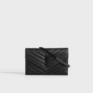 SAINT LAURENT Monogram Envelope Clutch Bag in Black Leather with Black Hardware