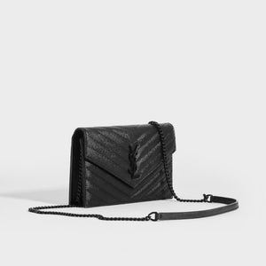 SAINT LAURENT Monogram Envelope Clutch Bag in Black Leather with Black Hardware