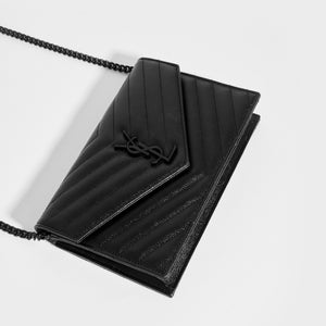 SAINT LAURENT Monogram Envelope Clutch Bag in Black Leather with Black Hardware