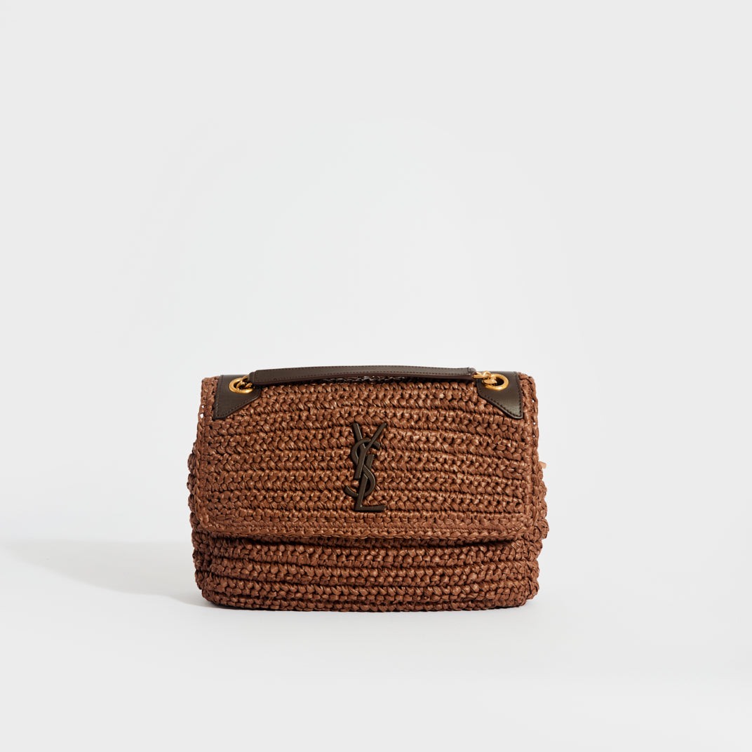 SAINT LAURENT Niki Medium Leather-Trimmed Raffia Shoulder Bag in Brown