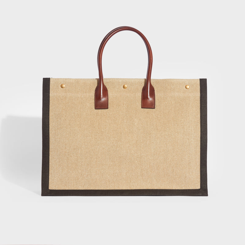 SAINT LAURENT Rive Gauche Leather-Trimmed Linen-Canvas Tote in Brown