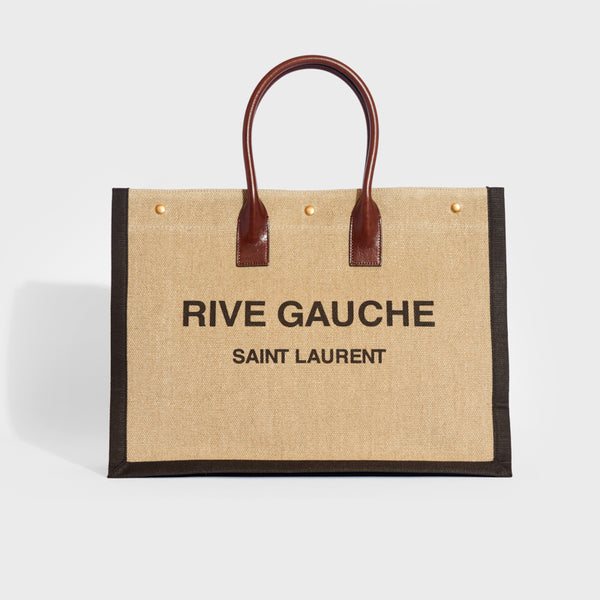 Saint Laurent Rive Gauche Tote Bag In Beige Linen And Cognac Leather in  Natural
