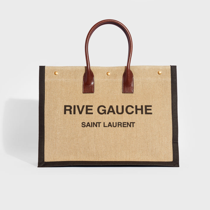 SAINT LAURENT Rive Gauche Leather-Trimmed Linen-Canvas Tote in Brown