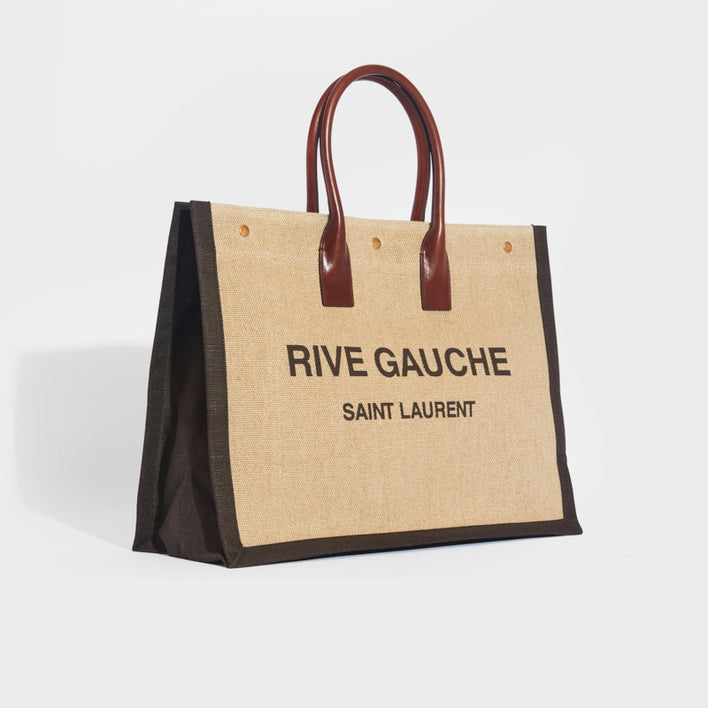 SAINT LAURENT Rive Gauche Leather-Trimmed Linen-Canvas Tote in Brown