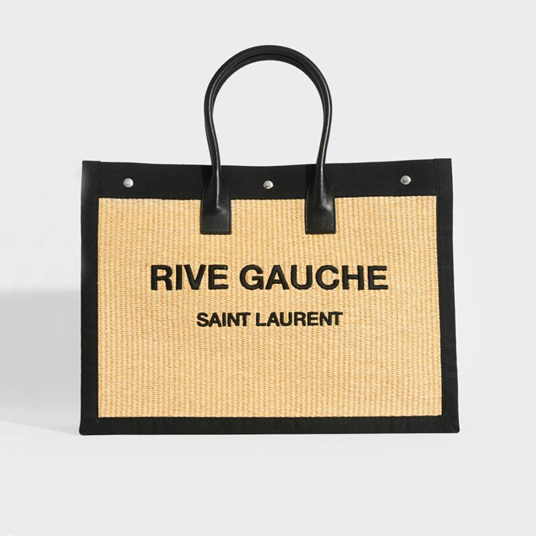 SAINT LAURENT Rive Gauche Leather and Raffia Tote Bag