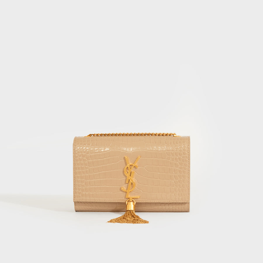 Small Kate Embossed Leather Shoulder Bag in Dark Beige