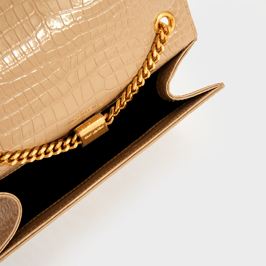 Small Kate Embossed Leather Shoulder Bag in Dark Beige