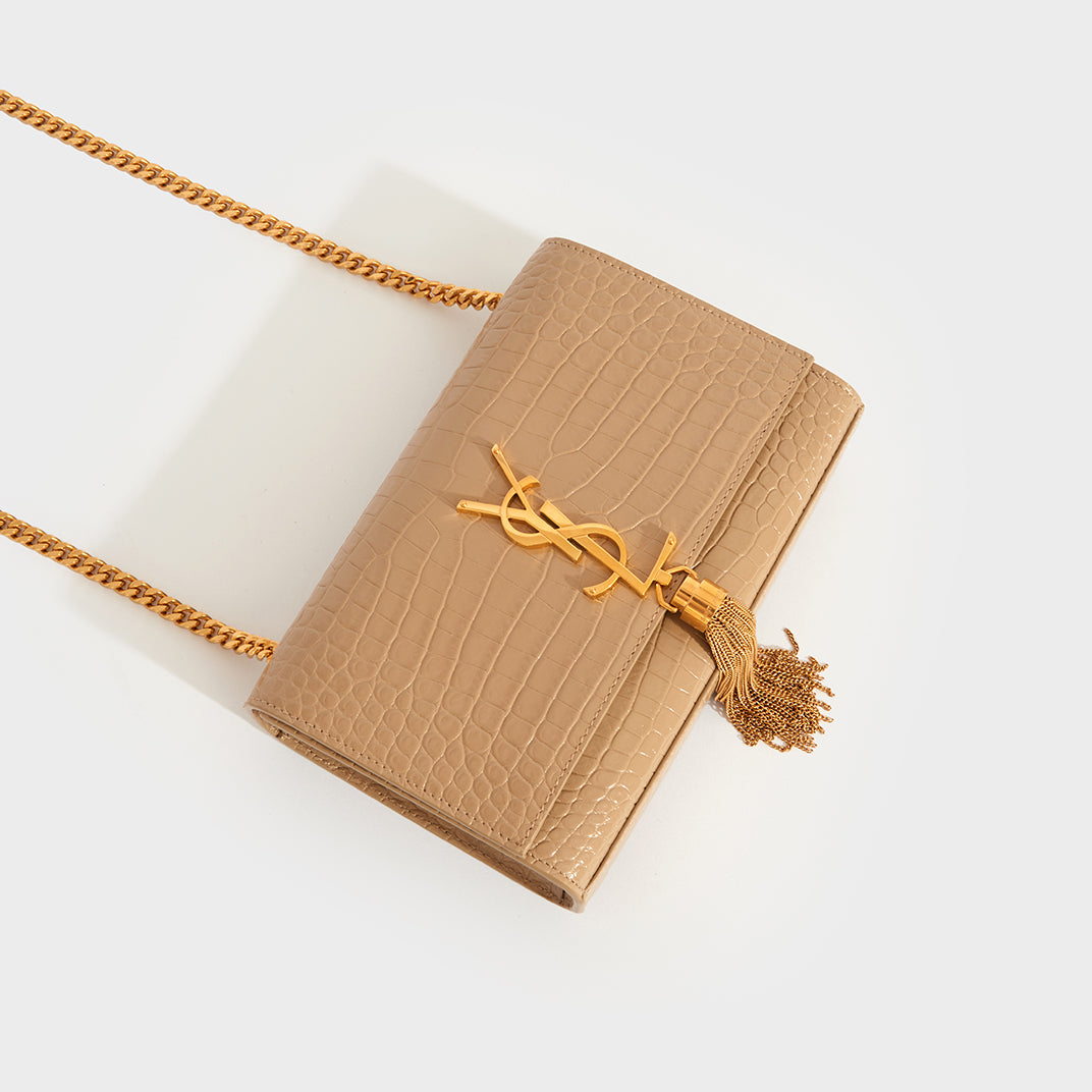 Small Kate Embossed Leather Shoulder Bag in Dark Beige