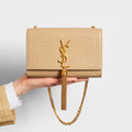 Small Kate Embossed Leather Shoulder Bag in Dark Beige