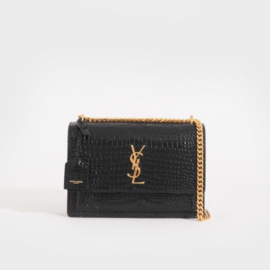 Sunset Medium Croc-Effect Leather Shoulder Bag in Black