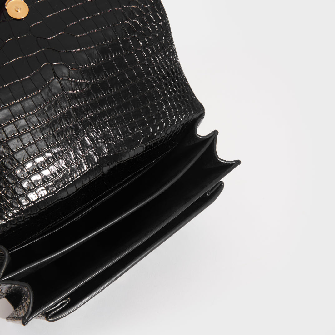 Saint Laurent Black Croc Embossed Leather Medium Sunset Shoulder