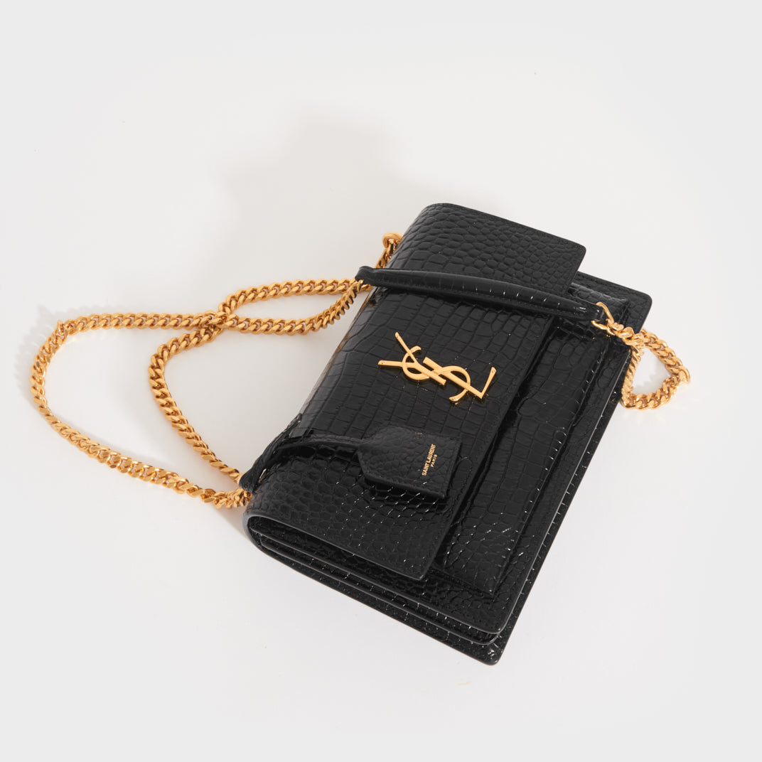 Sunset Medium Monogram YSL Croc-Embossed Shoulder Bag