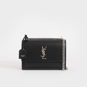 Front view of the SAINT LAURENT Sunset Medium Leather Shoulder Bag in Black