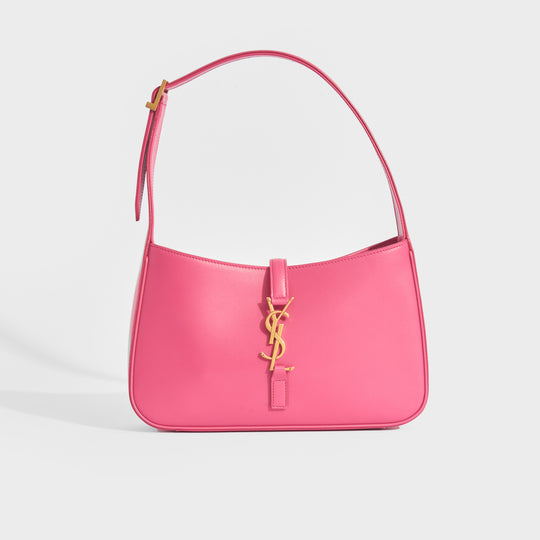 Front view of Saint Laurent Le 5 a 7 leather bag in bubblegum pink with gold hardware