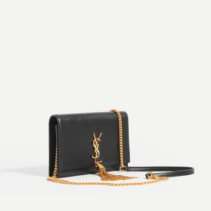 Side view of SAINT LAURENT Kate Tassel Chain Wallet in Black with Gold Hardware 