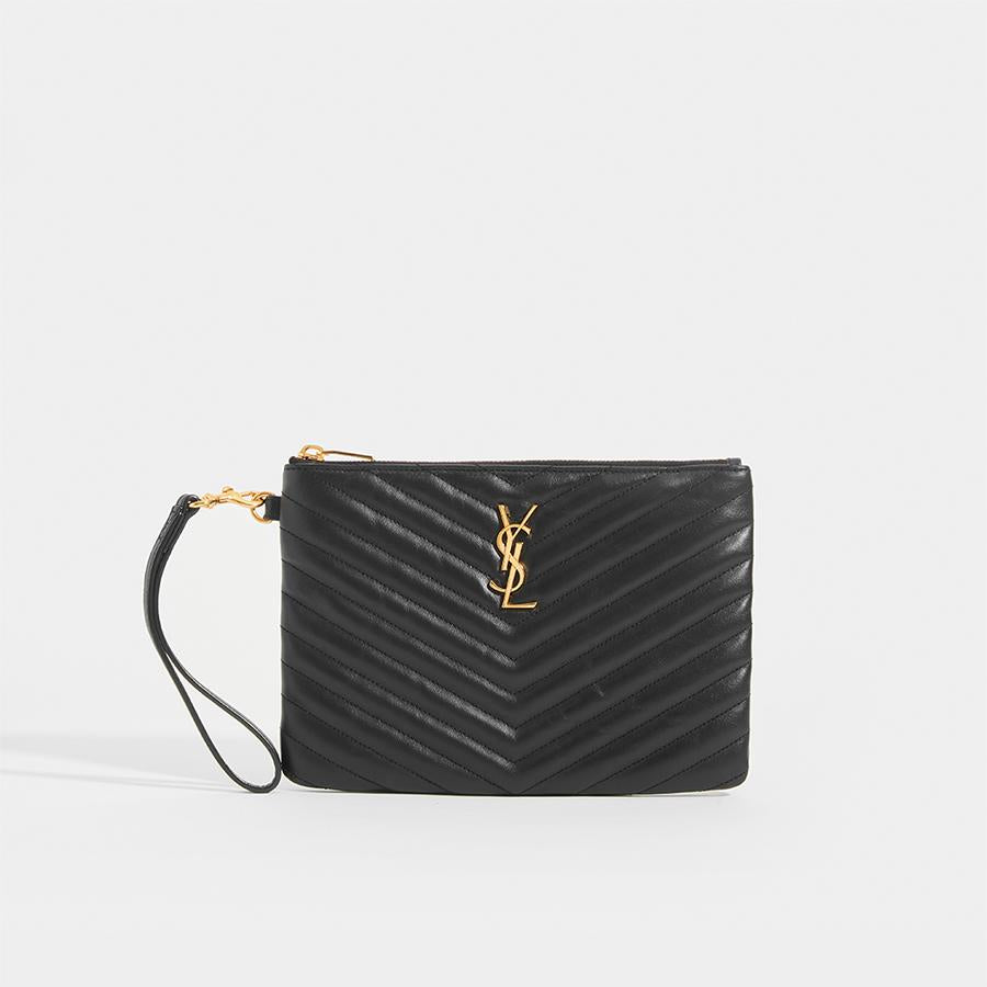SAINT LAURENT Monogramme Quilted Pouch in Black Leather