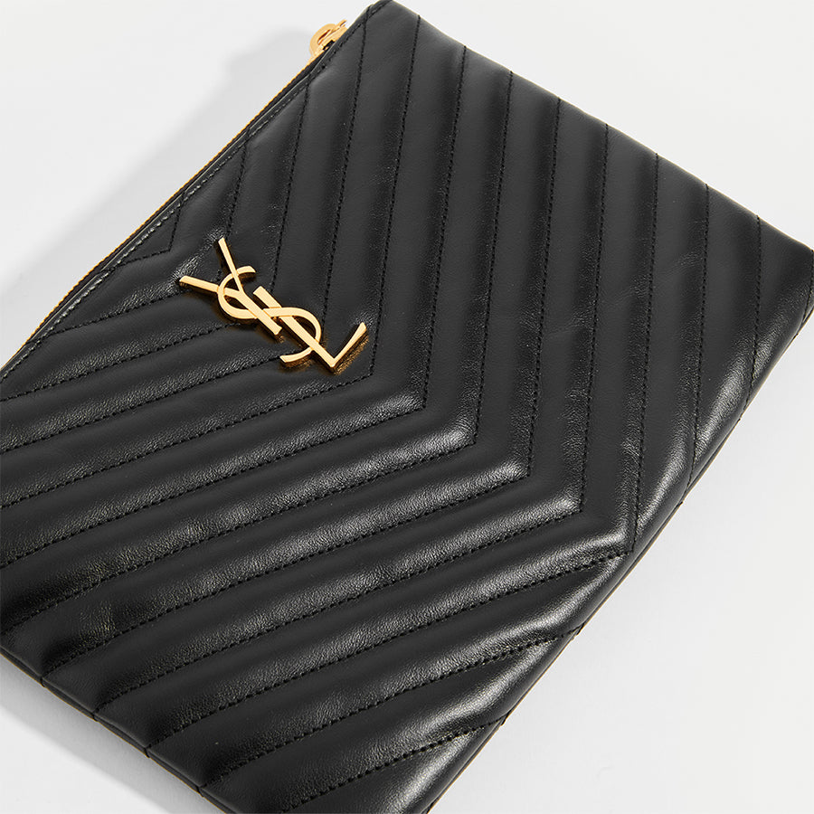 Yves Saint Laurent Black Matelass? Quilted Leather Monogram Large Bill  Pouch - Yoogi's Closet