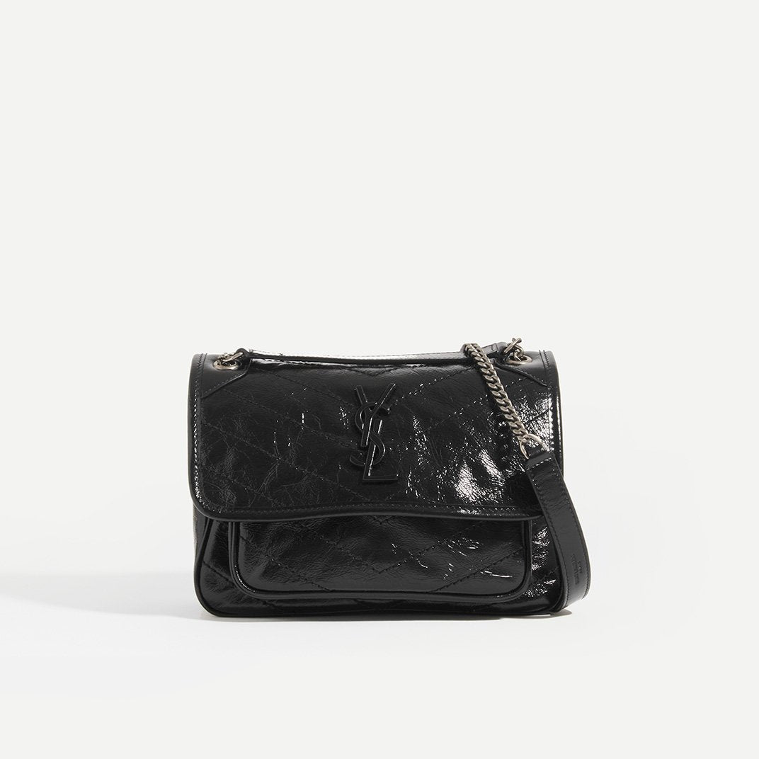 SAINT LAURENT Niki Baby in Crinkled leather in Black